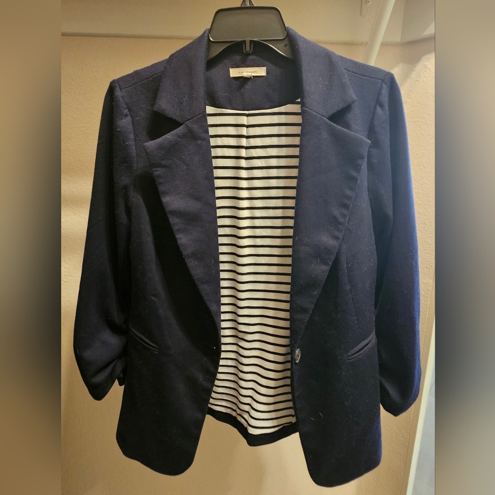Benson 3/4 Ruched Sleeve Blazer, Navy Blue, M